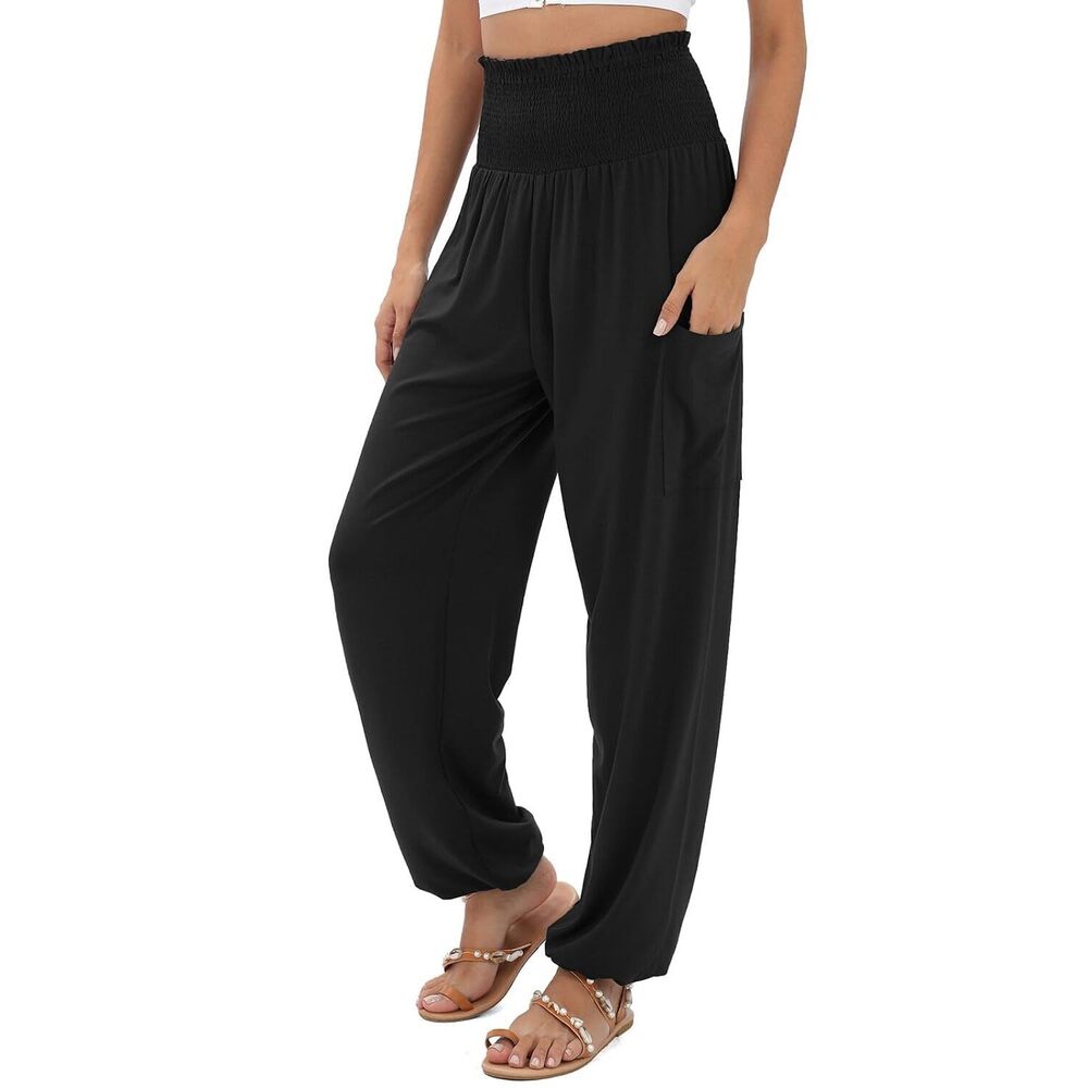 Boho Harem Pants High Waist Yoga Trousers Black L